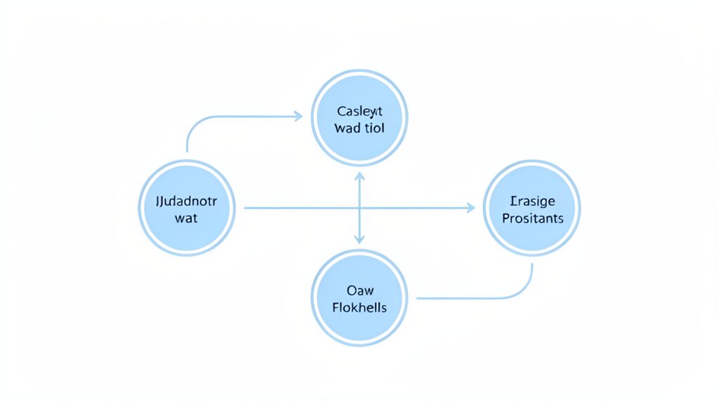 Simple flowchart illustration with connected circles and arrows, light blue and white color scheme, clean minimal design, business presentation style