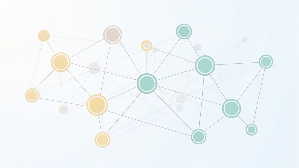 自动生成图片: Abstract network nodes connected by lines, soft color scheme, clean minimal illustration, modern digital concept