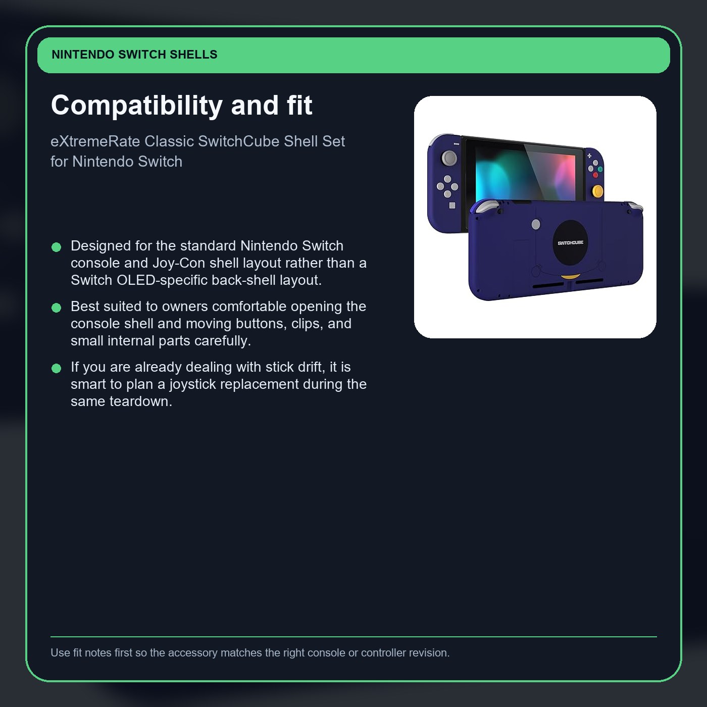 eXtremeRate Classic SwitchCube Shell Set for Nintendo Switch compatibility card