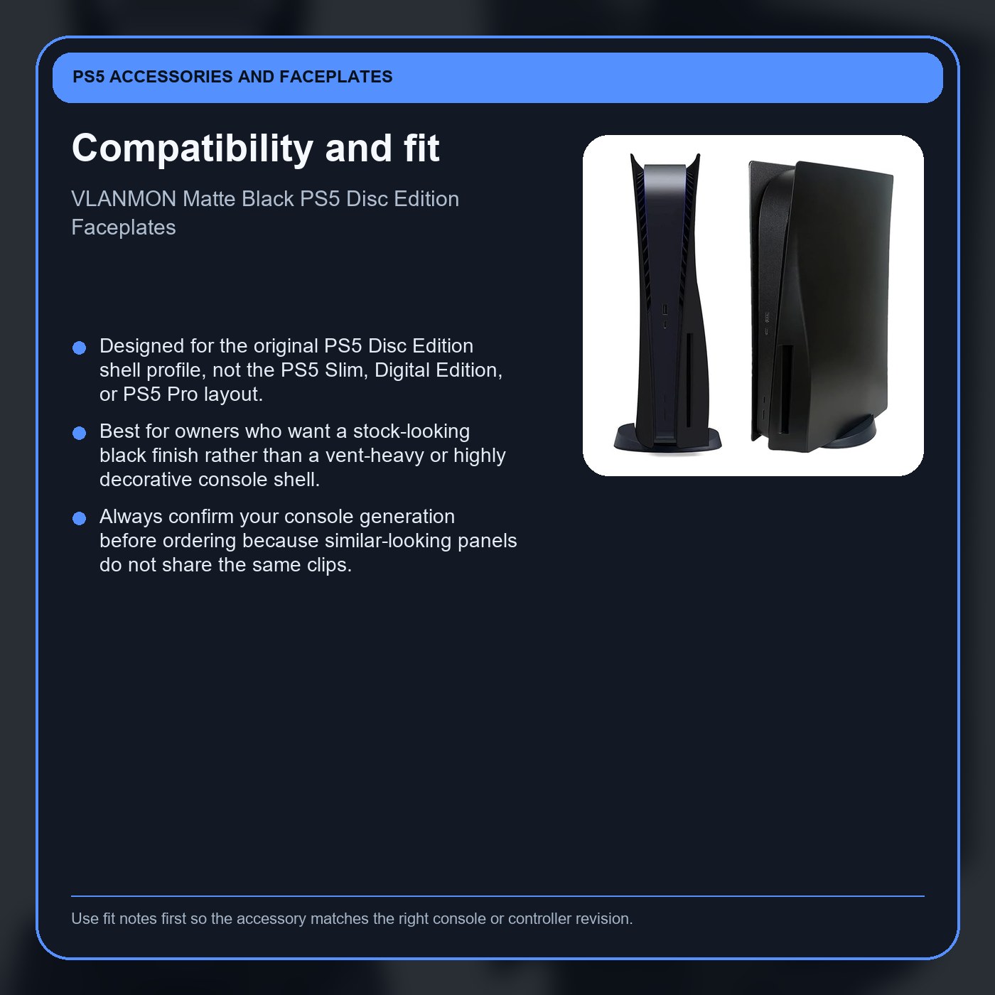 VLANMON Matte Black PS5 Disc Edition Faceplates compatibility card