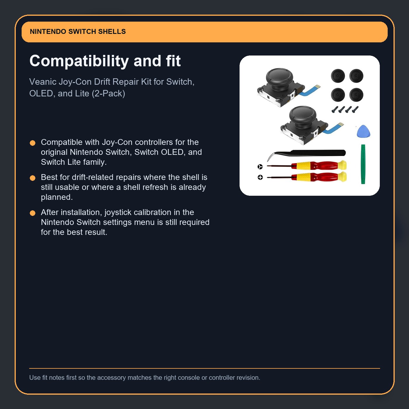 Veanic Joy-Con Drift Repair Kit for Switch, OLED, and Lite (2-Pack) compatibility card