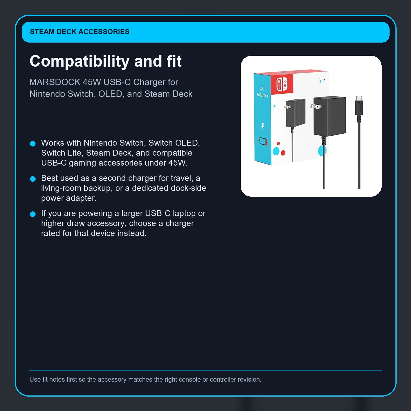MARSDOCK 45W USB-C Charger for Nintendo Switch, OLED, and Steam Deck compatibility card