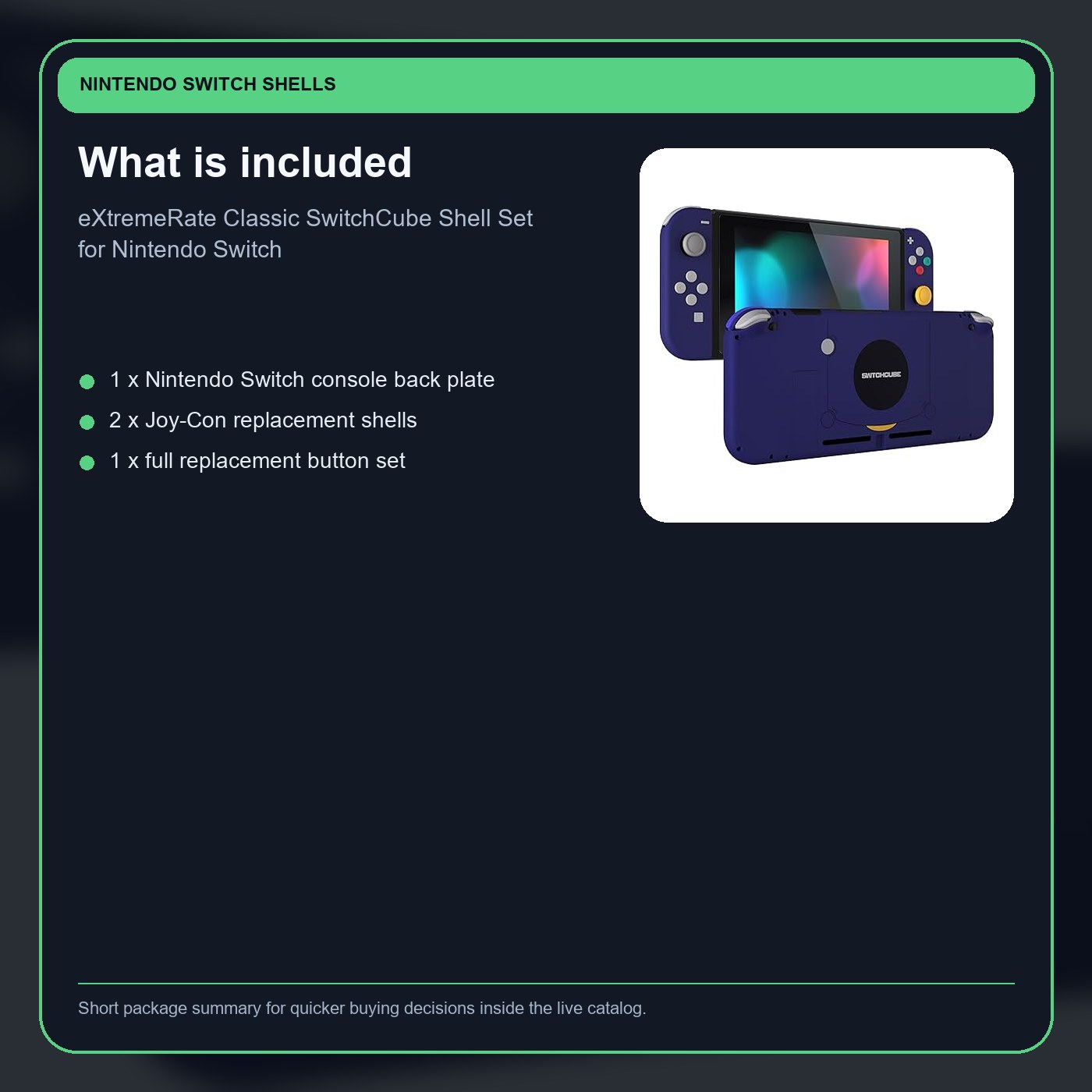 eXtremeRate Classic SwitchCube Shell Set for Nintendo Switch included items card