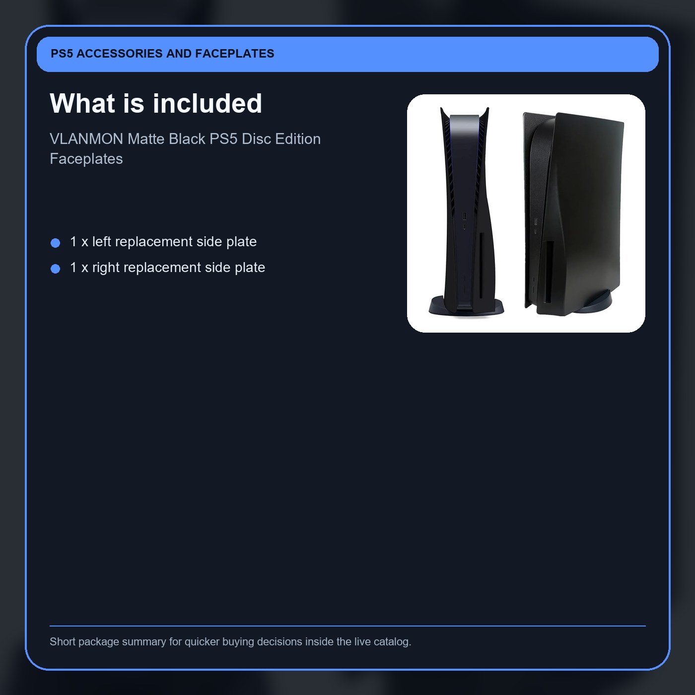 VLANMON Matte Black PS5 Disc Edition Faceplates included items card