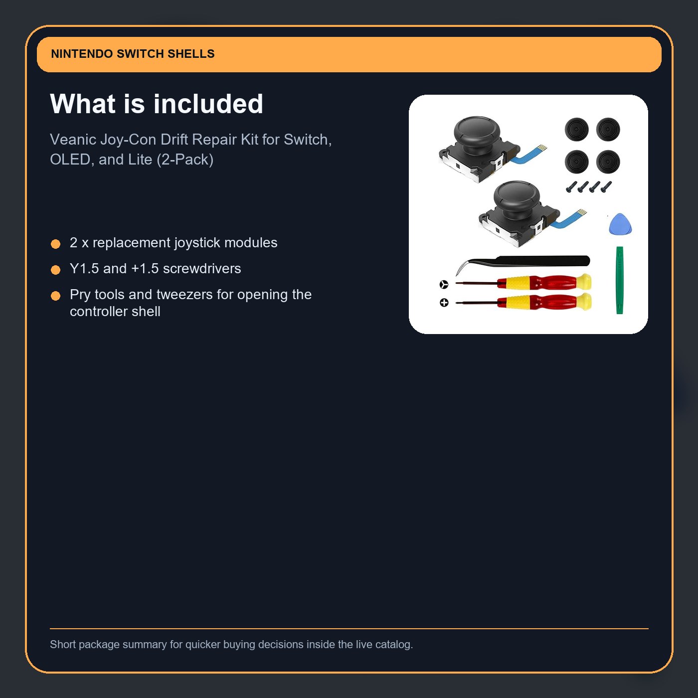 Veanic Joy-Con Drift Repair Kit for Switch, OLED, and Lite (2-Pack) included items card
