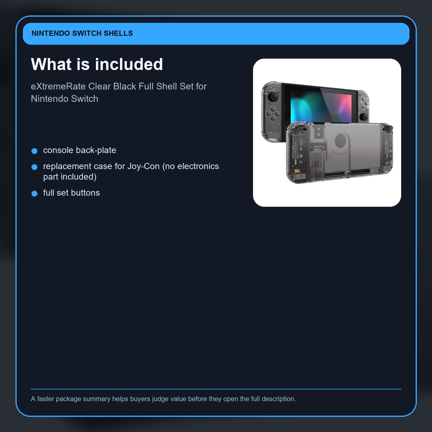 eXtremeRate Clear Black Full Shell Set for Nintendo Switch what is included card