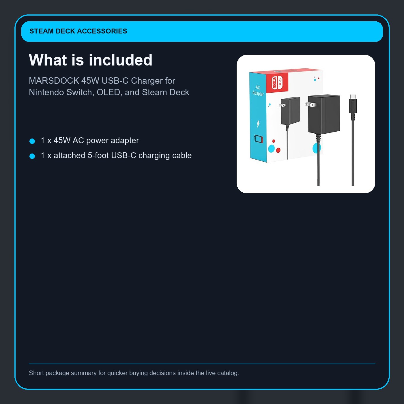 MARSDOCK 45W USB-C Charger for Nintendo Switch, OLED, and Steam Deck included items card