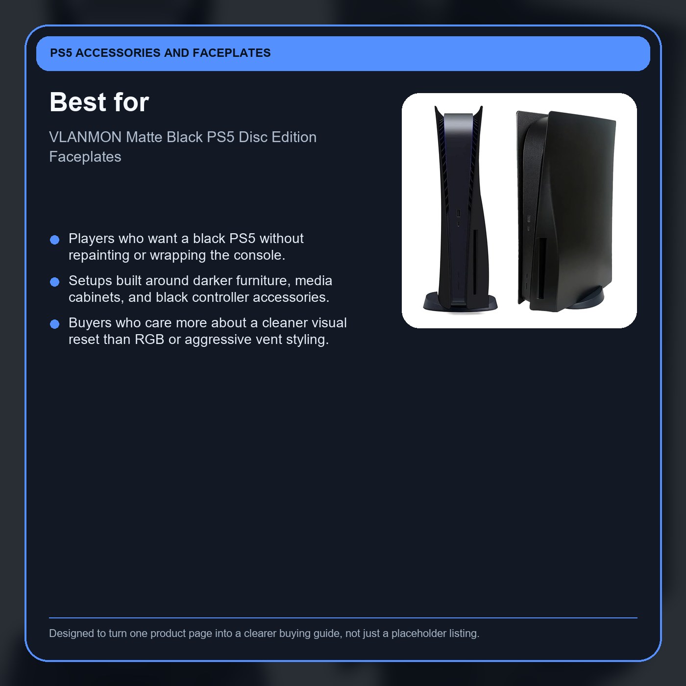 VLANMON Matte Black PS5 Disc Edition Faceplates buyer notes card