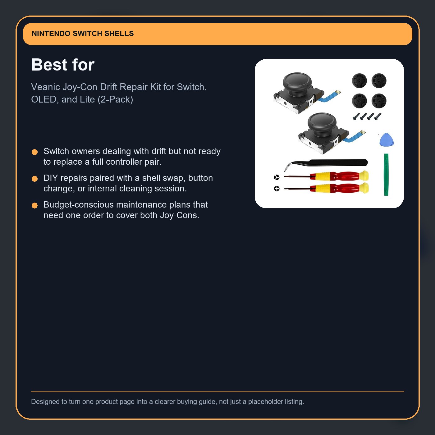 Veanic Joy-Con Drift Repair Kit for Switch, OLED, and Lite (2-Pack) buyer notes card
