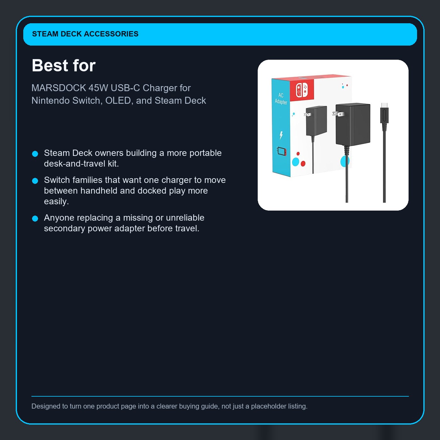 MARSDOCK 45W USB-C Charger for Nintendo Switch, OLED, and Steam Deck buyer notes card